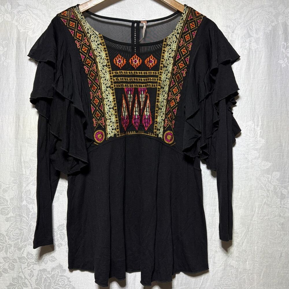 Free People Top Lrg Black Sheer Embroidered Ruffle Flutter Slv Tiered La Cienga
